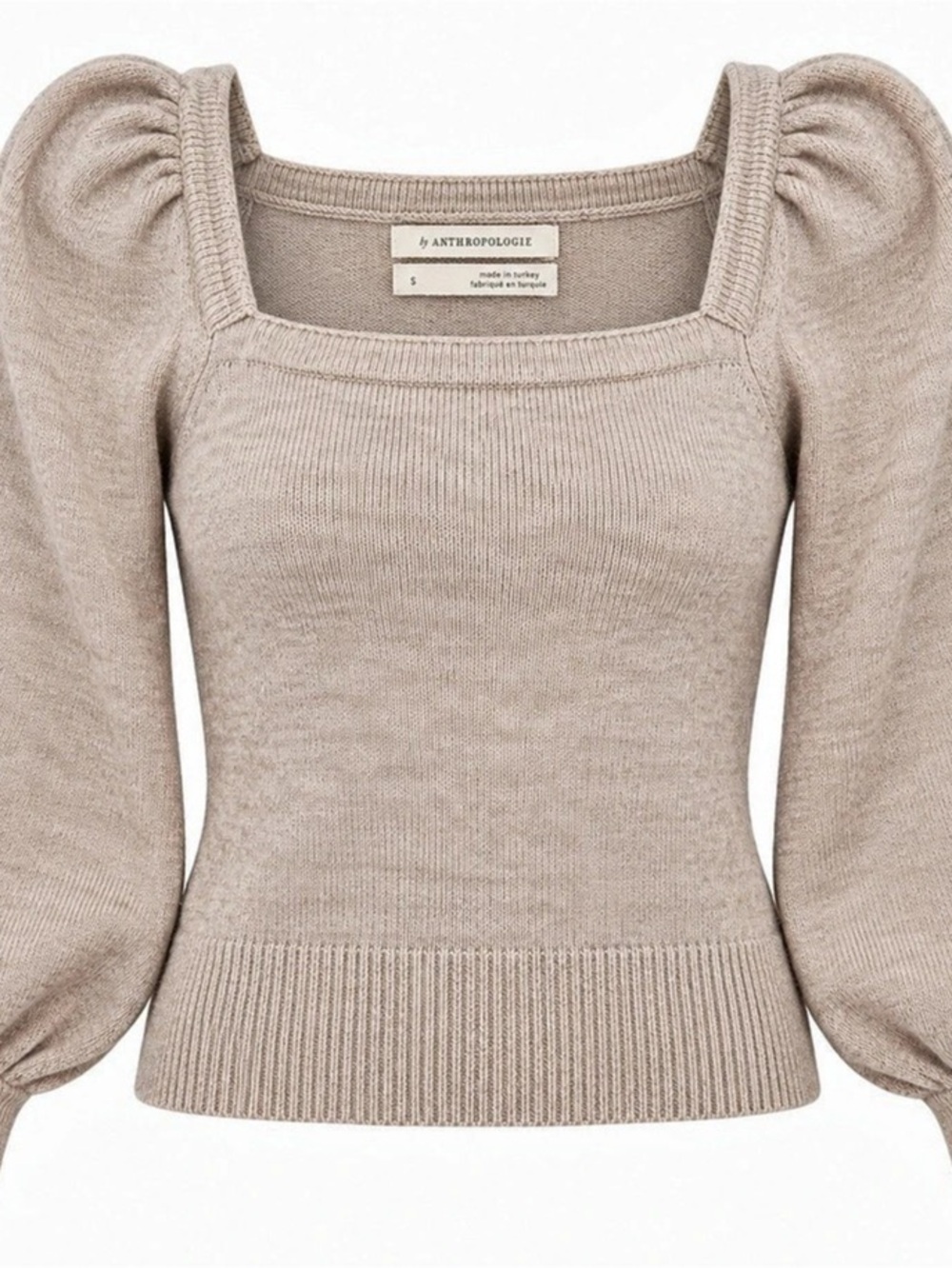 By Anthropologie Women’s Small Taupe Square Neck Puff Sleeve Knit Sweater